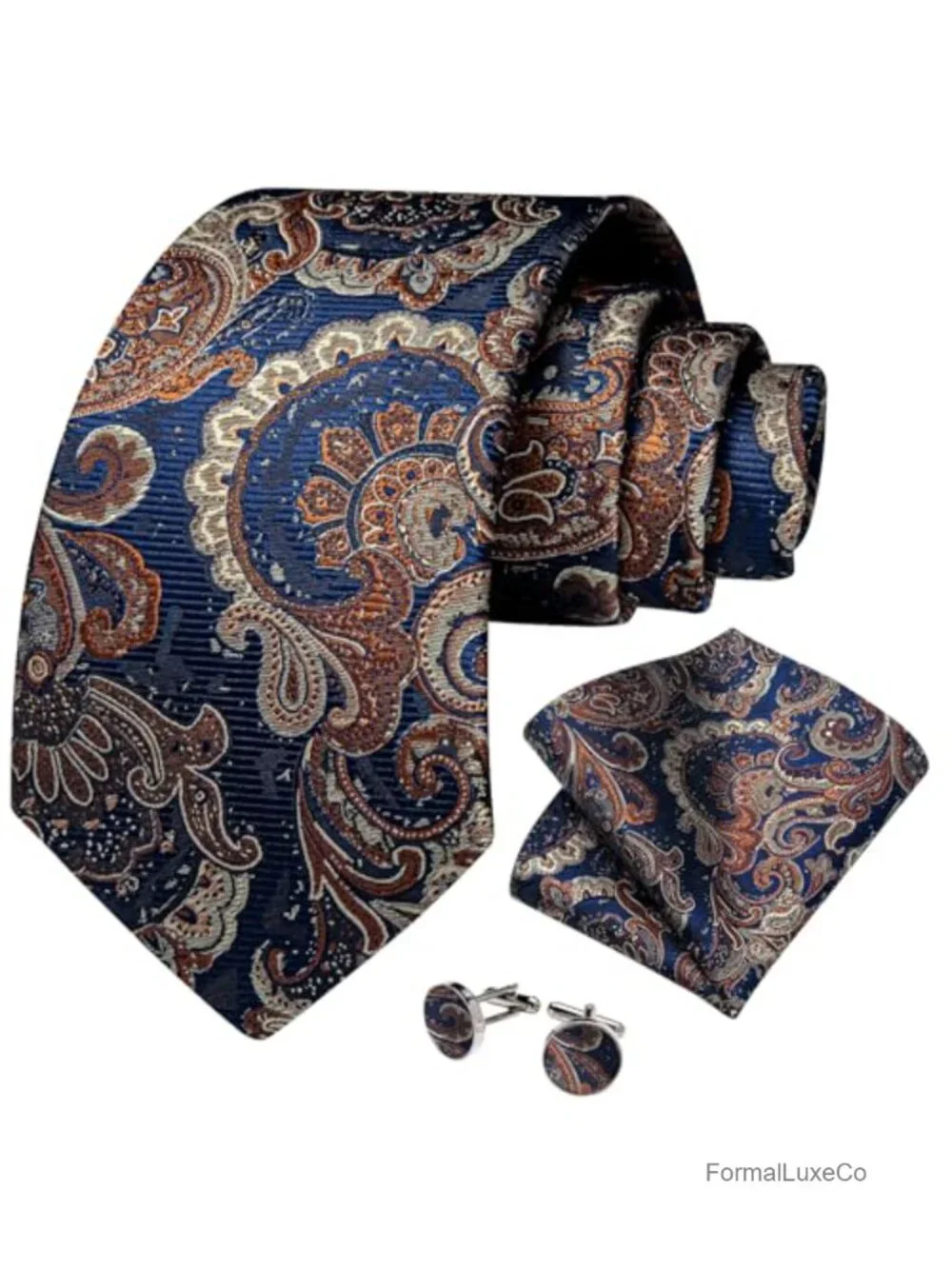 Silk Paisley Tie Set with Pocket Square and Cufflinks